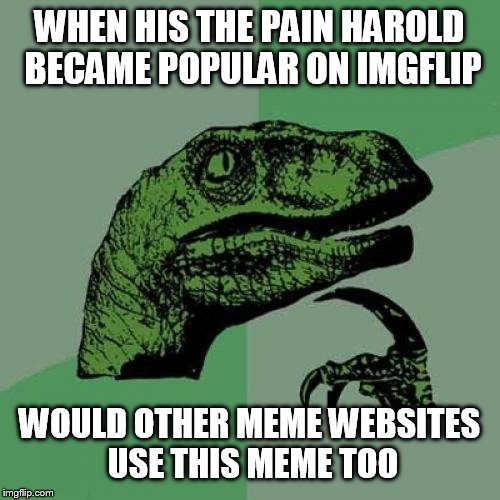 Philosoraptor Meme | WHEN HIS THE PAIN HAROLD BECAME POPULAR ON IMGFLIP; WOULD OTHER MEME WEBSITES USE THIS MEME TOO | image tagged in memes,philosoraptor | made w/ Imgflip meme maker