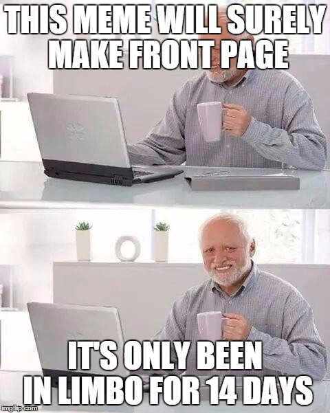 Hide the Pain Harold | THIS MEME WILL SURELY MAKE FRONT PAGE; IT'S ONLY BEEN IN LIMBO FOR 14 DAYS | image tagged in memes,hide the pain harold | made w/ Imgflip meme maker