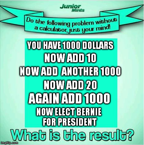 Math problems | YOU HAVE 1000 DOLLARS; NOW ADD 10; NOW ADD  ANOTHER 1000; NOW ADD 20; AGAIN ADD 1000; NOW ELECT BERNIE FOR PRESIDENT | image tagged in bernie,math in a nutshell | made w/ Imgflip meme maker