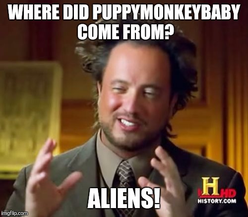 Ancient Aliens Meme | WHERE DID PUPPYMONKEYBABY COME FROM? ALIENS! | image tagged in memes,ancient aliens | made w/ Imgflip meme maker