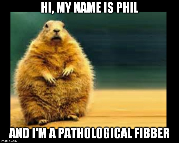 I'm a goundhog. I don't give a dam. (get it? dam ... get it?) | HI, MY NAME IS PHIL; AND I'M A PATHOLOGICAL FIBBER | image tagged in glorified squirrel,six of one,half a dozen of the other,broken trust,never again | made w/ Imgflip meme maker