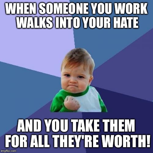 Success Kid Meme | WHEN SOMEONE YOU WORK WALKS INTO YOUR HATE AND YOU TAKE THEM FOR ALL THEY'RE WORTH! | image tagged in memes,success kid | made w/ Imgflip meme maker