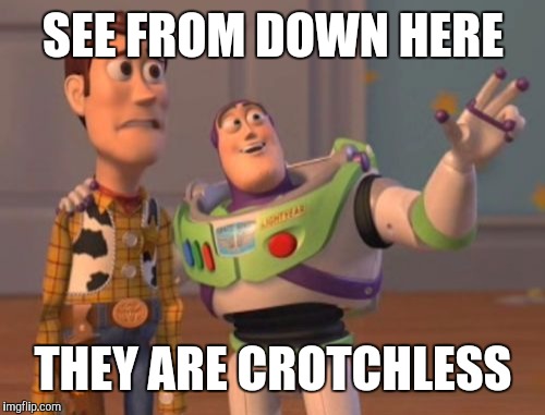 X, X Everywhere Meme | SEE FROM DOWN HERE THEY ARE CROTCHLESS | image tagged in memes,x x everywhere | made w/ Imgflip meme maker