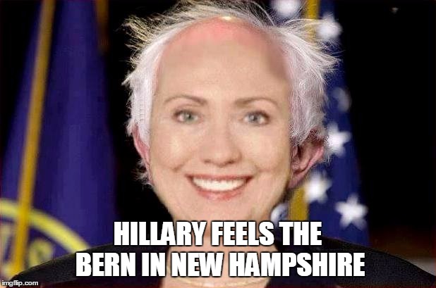 Maybe a new hairdo will get more votes | HILLARY FEELS THE BERN IN NEW HAMPSHIRE | image tagged in hillary1,funny,memes | made w/ Imgflip meme maker