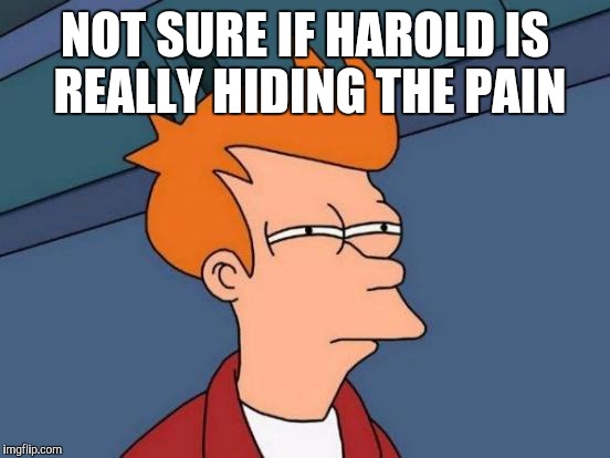 Futurama Fry Meme | NOT SURE IF HAROLD IS REALLY HIDING THE PAIN | image tagged in memes,futurama fry | made w/ Imgflip meme maker