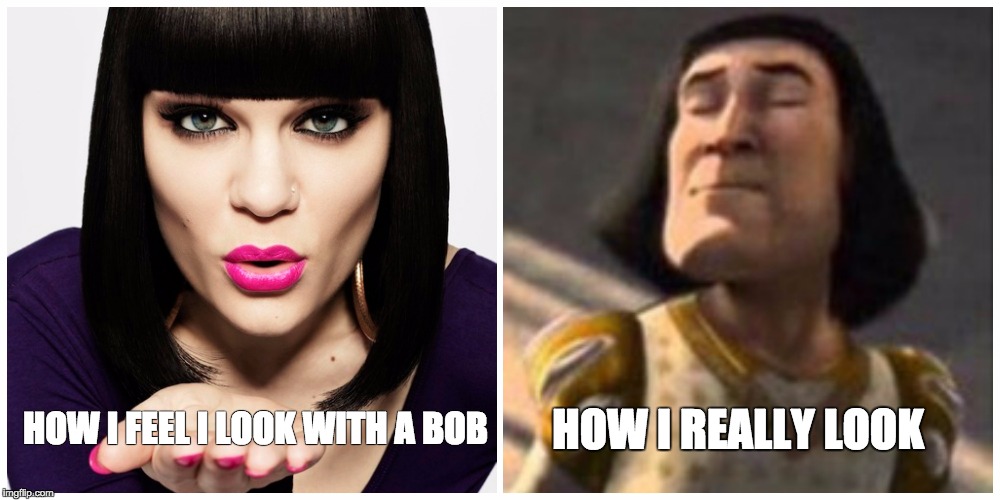bob hairstyle | HOW I REALLY LOOK; HOW I FEEL I LOOK WITH A BOB | image tagged in bob,lord farquaad,jessie j,hairstyle | made w/ Imgflip meme maker