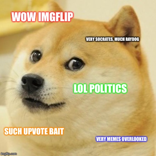 Doge Meme | WOW IMGFLIP VERY SOCRATES, MUCH RAYDOG LOL POLITICS SUCH UPVOTE BAIT VERY MEMES OVERLOOKED | image tagged in memes,doge | made w/ Imgflip meme maker