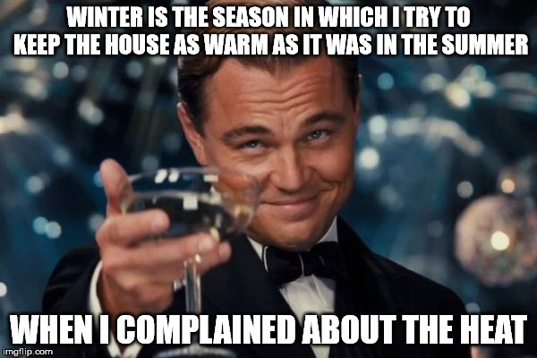Leonardo Dicaprio Cheers | WINTER IS THE SEASON IN WHICH I TRY TO KEEP THE HOUSE AS WARM AS IT WAS IN THE SUMMER; WHEN I COMPLAINED ABOUT THE HEAT | image tagged in memes,leonardo dicaprio cheers | made w/ Imgflip meme maker
