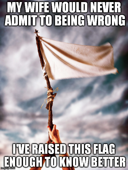 Surrender does not mean servitude, S'il vous plaît; means wait I speak the same thing. | MY WIFE WOULD NEVER ADMIT TO BEING WRONG; I'VE RAISED THIS FLAG ENOUGH TO KNOW BETTER | image tagged in memes,marriage,bitches,wife,stupid | made w/ Imgflip meme maker