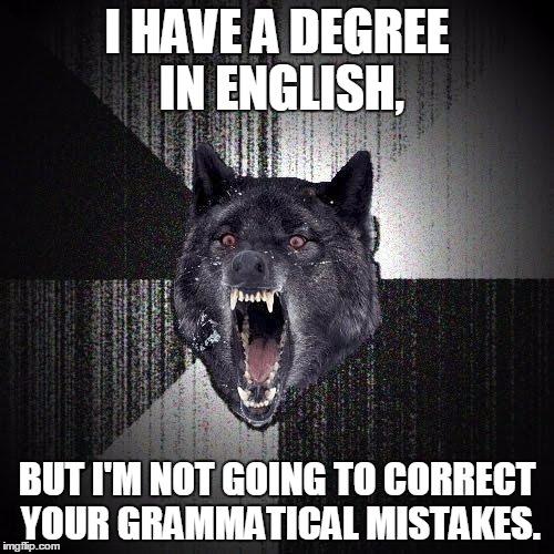 I'll worry about my own grammar, thank you. | I HAVE A DEGREE IN ENGLISH, BUT I'M NOT GOING TO CORRECT YOUR GRAMMATICAL MISTAKES. | image tagged in memes,insanity wolf | made w/ Imgflip meme maker