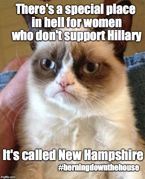 Grumpy Cat Meme | There's a special place in hell for women who don't support Hillary; It's called New Hampshire; #berningdownthehouse | image tagged in memes,grumpy cat | made w/ Imgflip meme maker