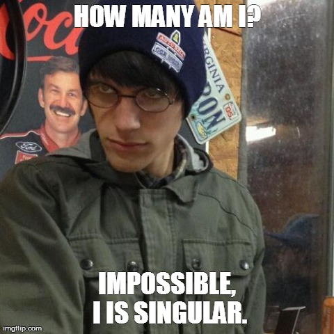 How many? | HOW MANY AM I? IMPOSSIBLE, I IS SINGULAR. | image tagged in how many | made w/ Imgflip meme maker