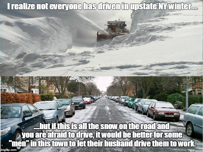 I realize not everyone has driven in upstate NY winter.... ....but if this is all the snow on the road and you are afraid to drive, it would be better for some "men" in this town to let their husband drive them to work. | image tagged in snow,bad driver | made w/ Imgflip meme maker