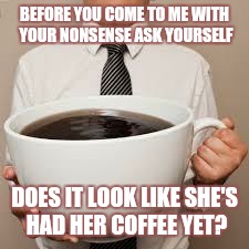 Coffee | BEFORE YOU COME TO ME WITH YOUR NONSENSE ASK YOURSELF; DOES IT LOOK LIKE SHE'S HAD HER COFFEE YET? | image tagged in coffee | made w/ Imgflip meme maker