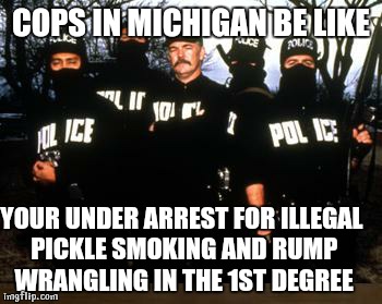 C.W.A. Cops with Attitude | COPS IN MICHIGAN BE LIKE; YOUR UNDER ARREST FOR ILLEGAL PICKLE SMOKING AND RUMP WRANGLING IN THE 1ST DEGREE | image tagged in cwa cops with attitude | made w/ Imgflip meme maker