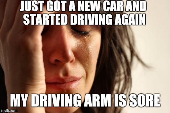 Just started driving again after some idiot totaled my car a few months ago | JUST GOT A NEW CAR AND STARTED DRIVING AGAIN; MY DRIVING ARM IS SORE | image tagged in memes,first world problems | made w/ Imgflip meme maker