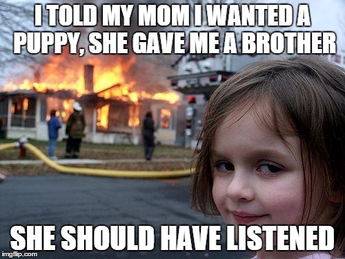 Disaster Girl | I TOLD MY MOM I WANTED A PUPPY, SHE GAVE ME A BROTHER; SHE SHOULD HAVE LISTENED | image tagged in memes,disaster girl | made w/ Imgflip meme maker