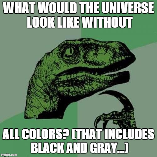 one of the hardest questions | WHAT WOULD THE UNIVERSE LOOK LIKE WITHOUT; ALL COLORS? (THAT INCLUDES BLACK AND GRAY...) | image tagged in memes,philosoraptor | made w/ Imgflip meme maker
