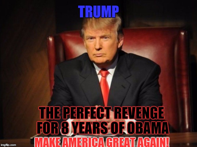 Donald Trump for President! | TRUMP; THE PERFECT REVENGE FOR 8 YEARS OF OBAMA; MAKE AMERICA GREAT AGAIN! | image tagged in donald trump,memes | made w/ Imgflip meme maker