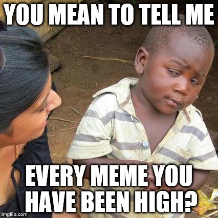 Third World Skeptical Kid Meme | YOU MEAN TO TELL ME EVERY MEME YOU HAVE BEEN HIGH? | image tagged in memes,third world skeptical kid | made w/ Imgflip meme maker