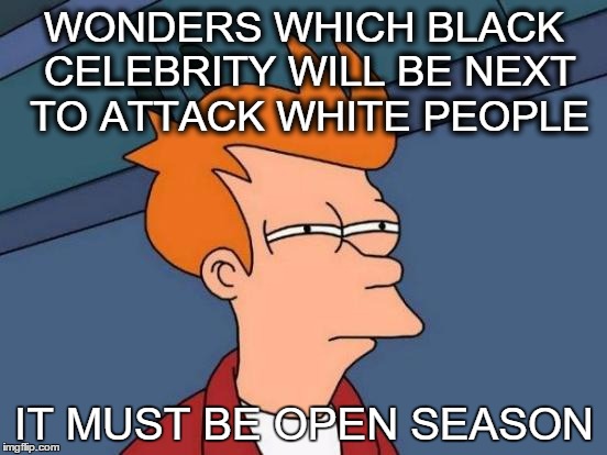 boycott | WONDERS WHICH BLACK CELEBRITY WILL BE NEXT TO ATTACK WHITE PEOPLE; IT MUST BE OPEN SEASON | image tagged in memes,futurama fry | made w/ Imgflip meme maker