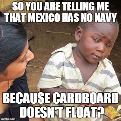 Third World Skeptical Kid | SO YOU ARE TELLING ME THAT MEXICO HAS NO NAVY; BECAUSE CARDBOARD DOESN'T FLOAT? | image tagged in memes,third world skeptical kid | made w/ Imgflip meme maker