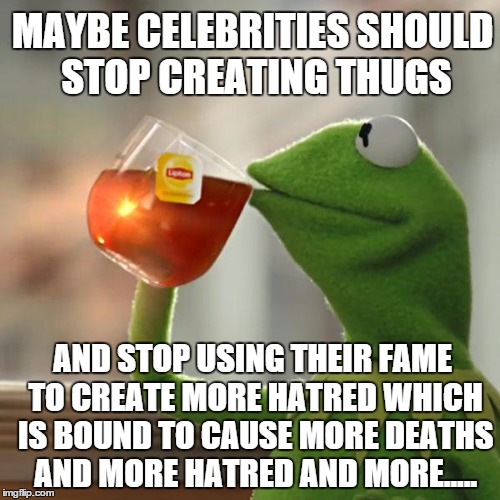 But, It's all BIG business! | MAYBE CELEBRITIES SHOULD STOP CREATING THUGS; AND STOP USING THEIR FAME TO CREATE MORE HATRED WHICH IS BOUND TO CAUSE MORE DEATHS AND MORE HATRED AND MORE..... | image tagged in memes,but thats none of my business,kermit the frog,political | made w/ Imgflip meme maker