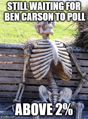 Waiting Skeleton Meme | STILL WAITING FOR BEN CARSON TO POLL; ABOVE 2% | image tagged in memes,waiting skeleton | made w/ Imgflip meme maker