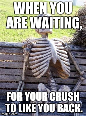 Waiting Skeleton Meme | WHEN YOU ARE WAITING, FOR YOUR CRUSH TO LIKE YOU BACK. | image tagged in memes,waiting skeleton | made w/ Imgflip meme maker