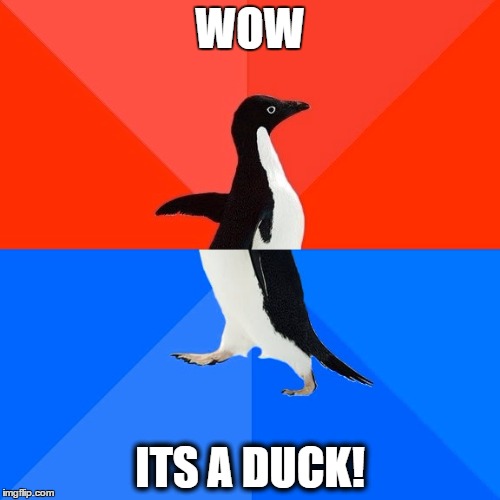 Socially Awesome Awkward Penguin | WOW; ITS A DUCK! | image tagged in memes,socially awesome awkward penguin | made w/ Imgflip meme maker
