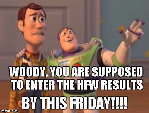 X, X Everywhere Meme | WOODY, YOU ARE SUPPOSED TO ENTER THE HFW RESULTS; BY THIS FRIDAY!!!! | image tagged in memes,x x everywhere | made w/ Imgflip meme maker