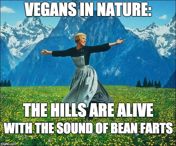 Julie Andrews | VEGANS IN NATURE:; THE HILLS ARE ALIVE; WITH THE SOUND OF BEAN FARTS | image tagged in julie andrews | made w/ Imgflip meme maker