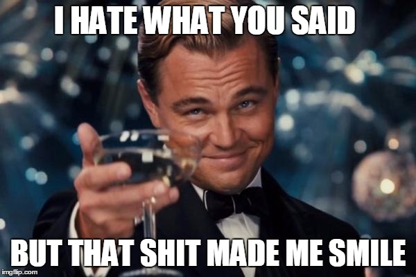 Leonardo Dicaprio Cheers Meme | I HATE WHAT YOU SAID; BUT THAT SHIT MADE ME SMILE | image tagged in memes,leonardo dicaprio cheers | made w/ Imgflip meme maker