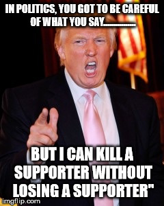 Even if I stop them from supporting me | IN POLITICS, YOU GOT TO BE CAREFUL OF WHAT YOU SAY................ BUT I CAN KILL A SUPPORTER WITHOUT LOSING A SUPPORTER" | image tagged in donald trump | made w/ Imgflip meme maker