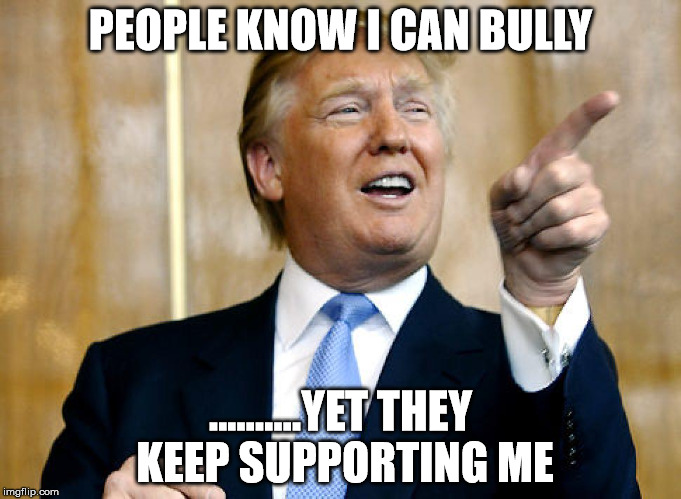 Donald Trump Pointing | PEOPLE KNOW I CAN BULLY; ..........YET THEY KEEP SUPPORTING ME | image tagged in donald trump pointing | made w/ Imgflip meme maker