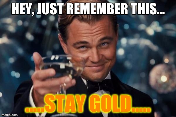 Leonardo Dicaprio Cheers Meme | HEY, JUST REMEMBER THIS... .....STAY GOLD..... | image tagged in memes,leonardo dicaprio cheers | made w/ Imgflip meme maker