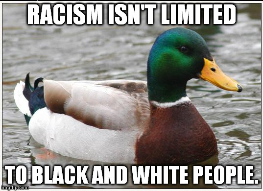 It seems like when people hear "racism", they immediately think of black and white people hating each other. | RACISM ISN'T LIMITED; TO BLACK AND WHITE PEOPLE. | image tagged in memes,actual advice mallard | made w/ Imgflip meme maker