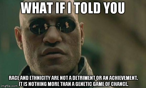 Matrix Morpheus Meme | WHAT IF I TOLD YOU; RACE AND ETHNICITY ARE NOT A DETRIMENT OR AN ACHIEVEMENT. IT IS NOTHING MORE THAN A GENETIC GAME OF CHANCE. | image tagged in memes,matrix morpheus | made w/ Imgflip meme maker