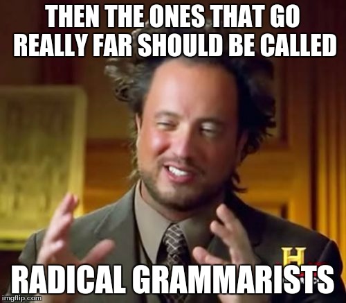 Ancient Aliens Meme | THEN THE ONES THAT GO REALLY FAR SHOULD BE CALLED RADICAL GRAMMARISTS | image tagged in memes,ancient aliens | made w/ Imgflip meme maker