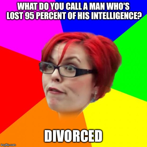 angry feminist | WHAT DO YOU CALL A MAN WHO'S LOST 95 PERCENT OF HIS INTELLIGENCE? DIVORCED | image tagged in angry feminist,memes,men vs women,alright gentlemen we need a new idea,demented ewok | made w/ Imgflip meme maker