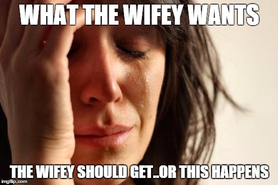 First World Problems Meme | WHAT THE WIFEY WANTS; THE WIFEY SHOULD GET..OR THIS HAPPENS | image tagged in memes,first world problems | made w/ Imgflip meme maker