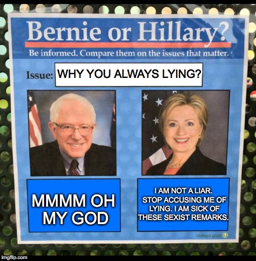 Bernie or Hillary? | WHY YOU ALWAYS LYING? MMMM OH MY GOD; I AM NOT A LIAR. STOP ACCUSING ME OF LYING. I AM SICK OF THESE SEXIST REMARKS. | image tagged in bernie or hillary | made w/ Imgflip meme maker