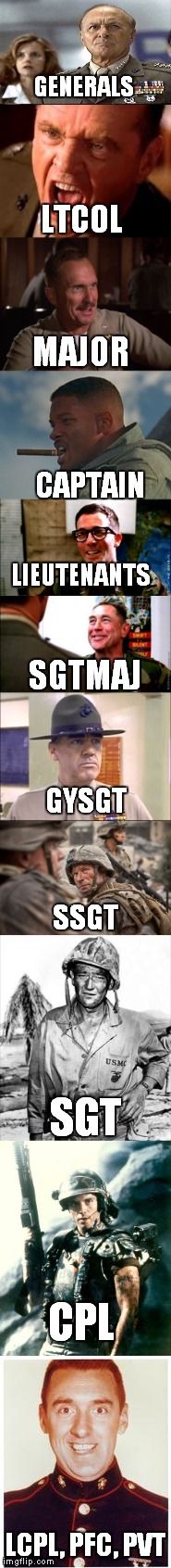 Marines, here's the rank structure! | GENERALS; LTCOL; MAJOR; CAPTAIN; LIEUTENANTS; SGTMAJ; GYSGT; SSGT; SGT; CPL; LCPL, PFC, PVT | image tagged in meme,funny,marines | made w/ Imgflip meme maker
