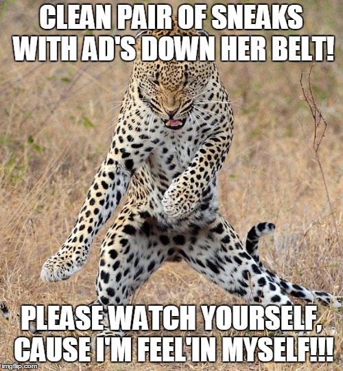 Leopard Dancing | CLEAN PAIR OF SNEAKS WITH AD'S DOWN HER BELT! PLEASE WATCH YOURSELF, CAUSE I'M FEEL'IN MYSELF!!! | image tagged in leopard dancing | made w/ Imgflip meme maker