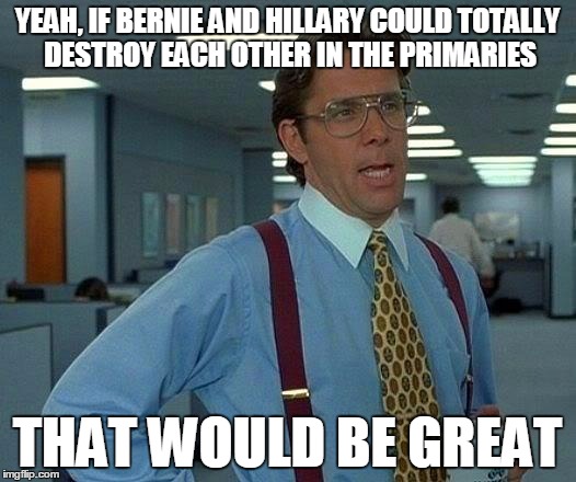 Ideal scenario | YEAH, IF BERNIE AND HILLARY COULD TOTALLY DESTROY EACH OTHER IN THE PRIMARIES; THAT WOULD BE GREAT | image tagged in memes,that would be great | made w/ Imgflip meme maker