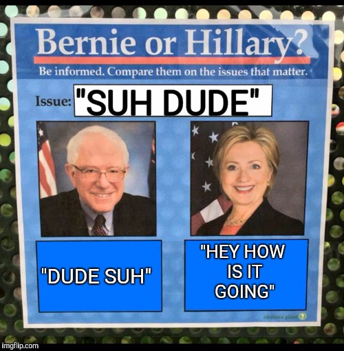 Bernie or Hillary? | "SUH DUDE"; "HEY HOW IS IT GOING"; "DUDE SUH" | image tagged in bernie or hillary | made w/ Imgflip meme maker