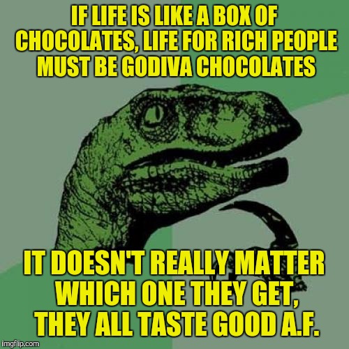 Philosoraptor Meme | IF LIFE IS LIKE A BOX OF CHOCOLATES, LIFE FOR RICH PEOPLE MUST BE GODIVA CHOCOLATES; IT DOESN'T REALLY MATTER WHICH ONE THEY GET, THEY ALL TASTE GOOD A.F. | image tagged in memes,philosoraptor | made w/ Imgflip meme maker