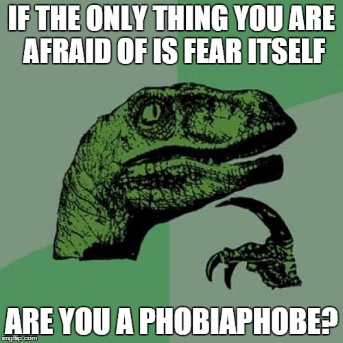 Philosoraptor | IF THE ONLY THING YOU ARE AFRAID OF IS FEAR ITSELF; ARE YOU A PHOBIAPHOBE? | image tagged in memes,philosoraptor | made w/ Imgflip meme maker