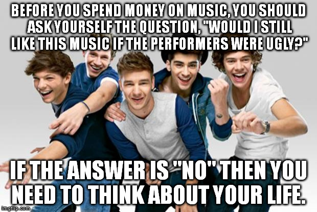 ONE DIRECTION!!!!!! | BEFORE YOU SPEND MONEY ON MUSIC, YOU SHOULD ASK YOURSELF THE QUESTION, "WOULD I STILL LIKE THIS MUSIC IF THE PERFORMERS WERE UGLY?"; IF THE ANSWER IS "NO" THEN YOU NEED TO THINK ABOUT YOUR LIFE. | image tagged in one direction,memes | made w/ Imgflip meme maker
