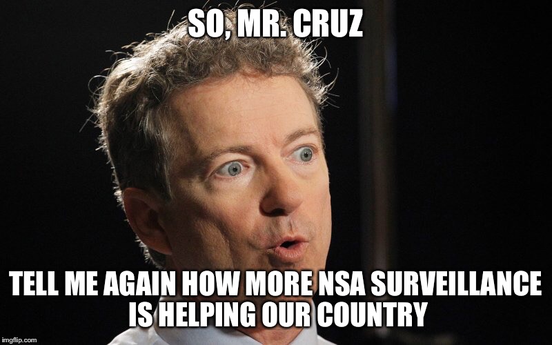 Creepy connsending Rand | SO, MR. CRUZ; TELL ME AGAIN HOW MORE NSA SURVEILLANCE IS HELPING OUR COUNTRY | image tagged in rand paul,rand paul whoa,ted cruz | made w/ Imgflip meme maker